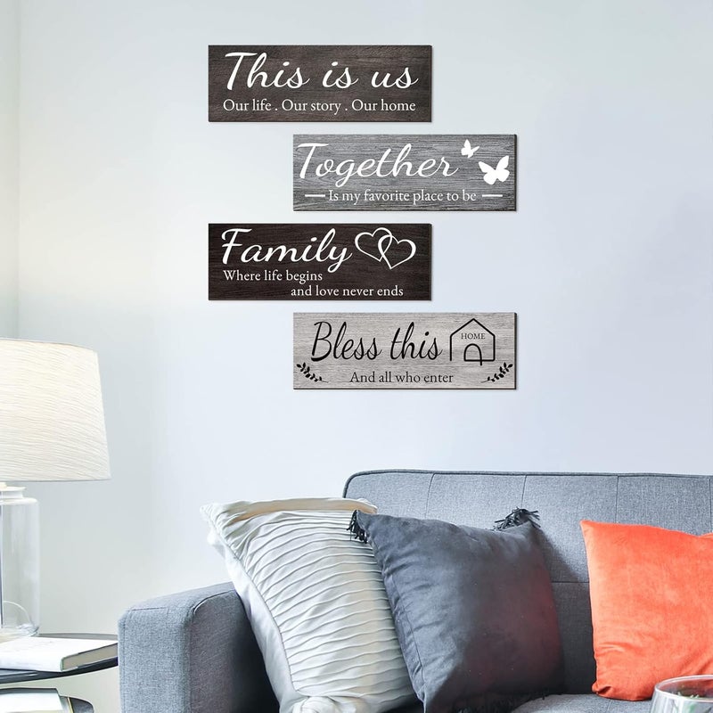 Joyhawk 4 Pieces Home Wall Decor Signs, THIS IS US/TOGETHER/BLESS THIS HOME/FAMILY Wall Decor For Living Room Bedroom, Rustic Wooden Farmhouse Wall Art Decor, 4.7 x 13.8 Inch(Mixed Color) - Image 3